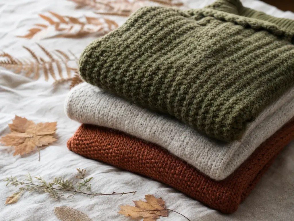 Folded hand-knit pieces in warm neutral colors